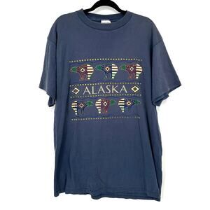 90s Vintage Alaska Shirt Mens XL Blue Graphic Tee Bear Aztec Spell Out